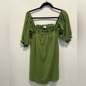 Green Smocked Square Neck/Off Shoulder Puff Sleeve Mini Dress L - SugarLips